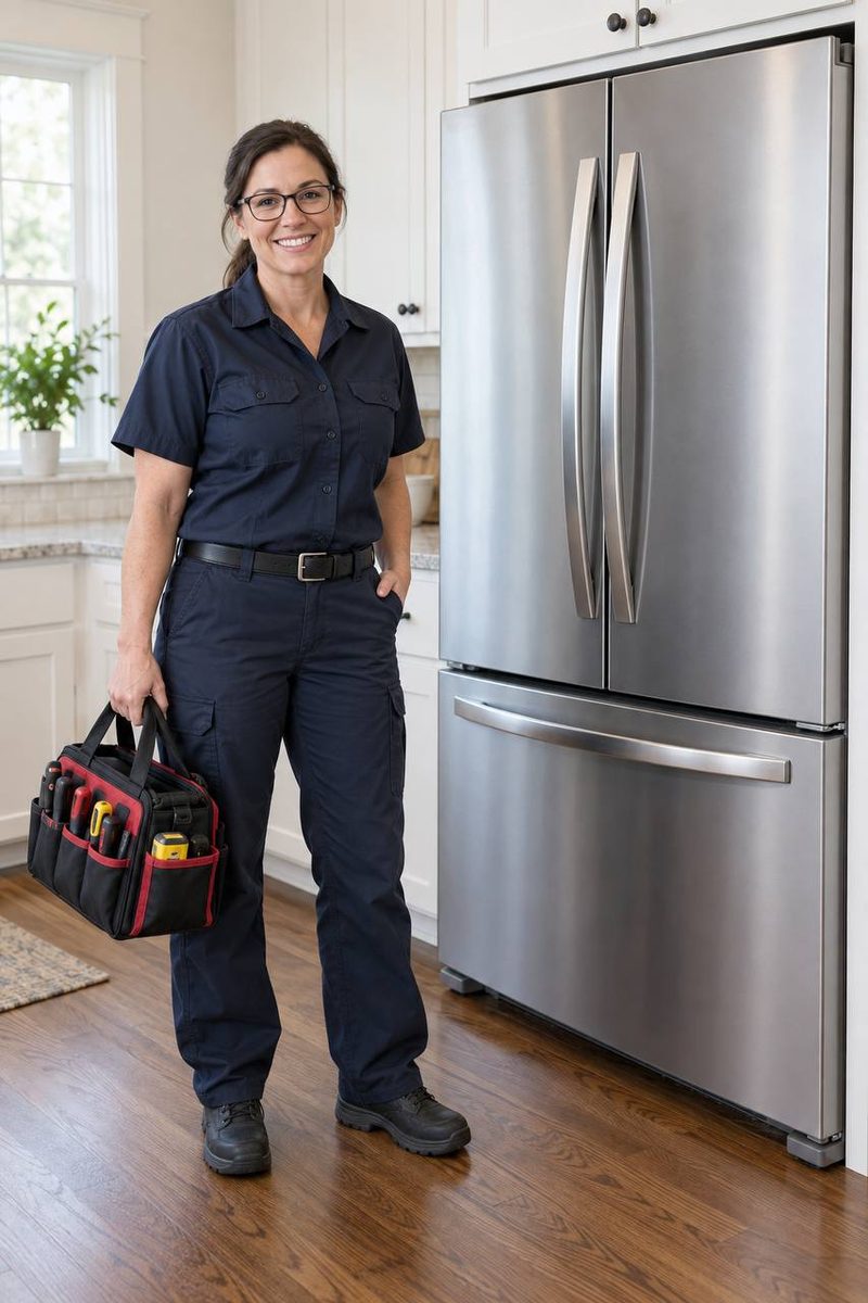 Delta Appliance Fix technician beside a stainless French-door refrigerator